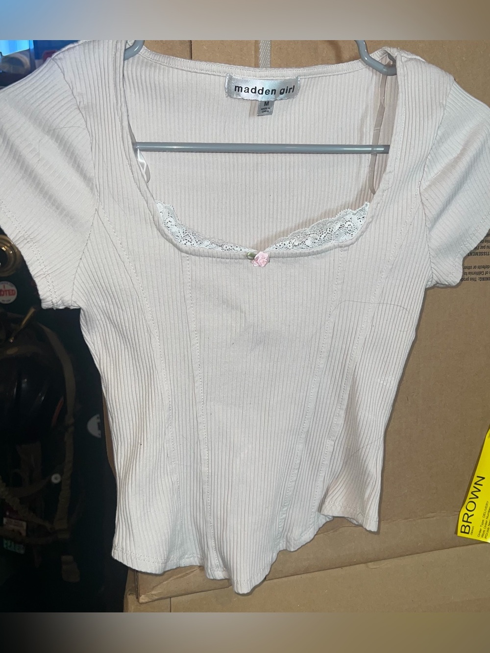 Madden Girl Cream Ribbed Lace-Trim Scoop Tee with Pink Rose Accent